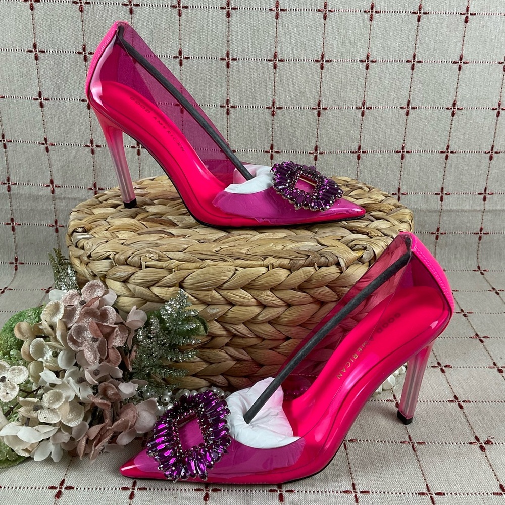 Good American 'CINDER-F*CKING-RELLA' Clear PUMP Size 5 Hot Pink New Stiletto - Picture 1 of 10